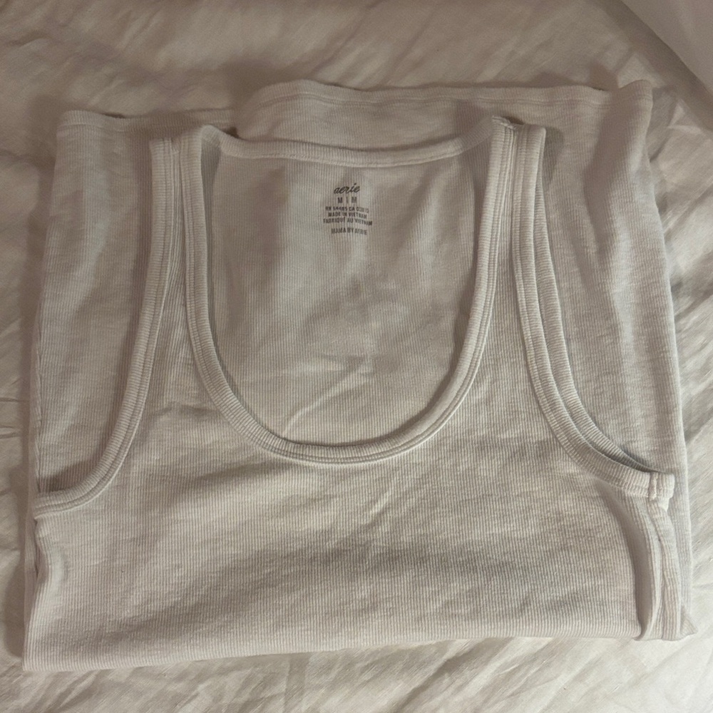 aerie White Ribbed Scoop Tank Top